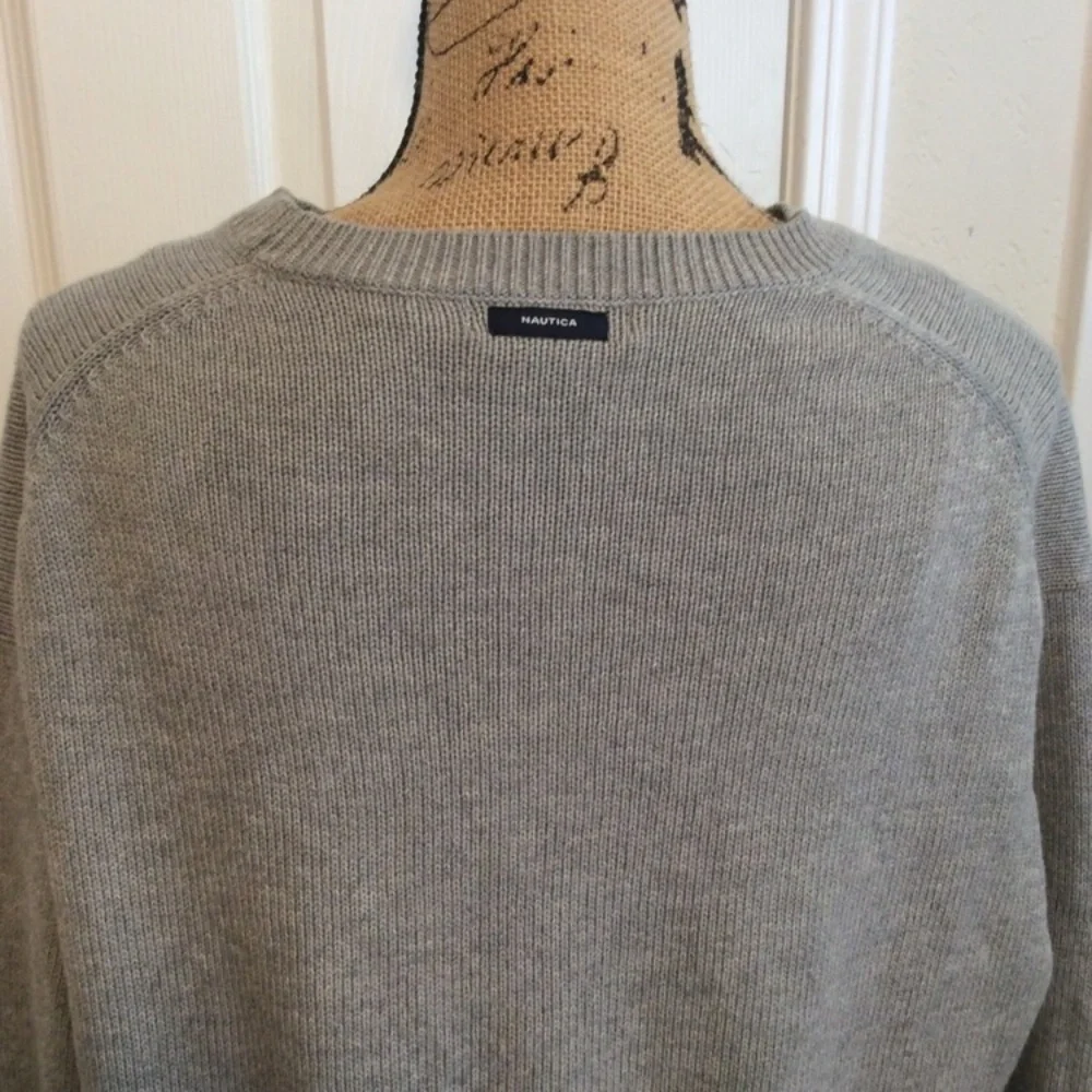 Nautica Men’s XL cotton knit light gray crew neck sweater nautical fisherman